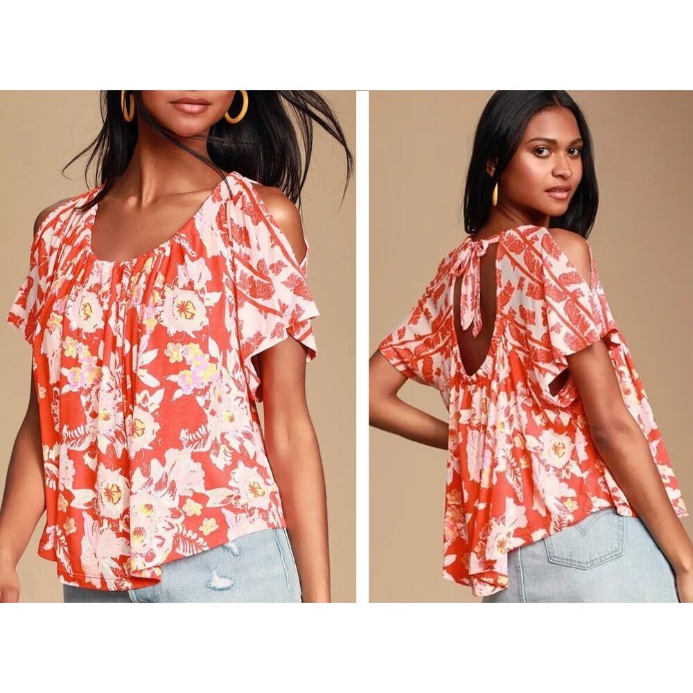 Free People Red Baja Babe Floral Split-Shoulder Back Cutout Swing Top XS